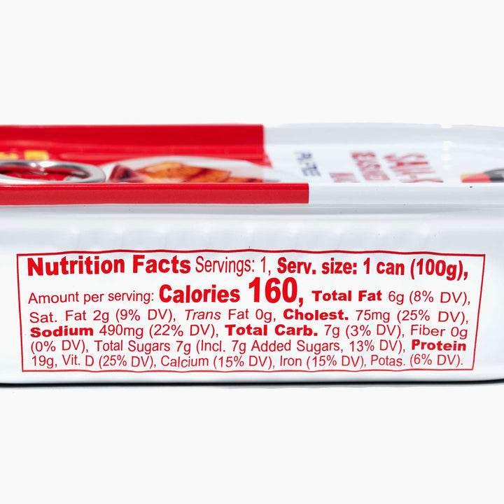 A can of J-Basket Saba Kabayaki with nutrition facts on the label.