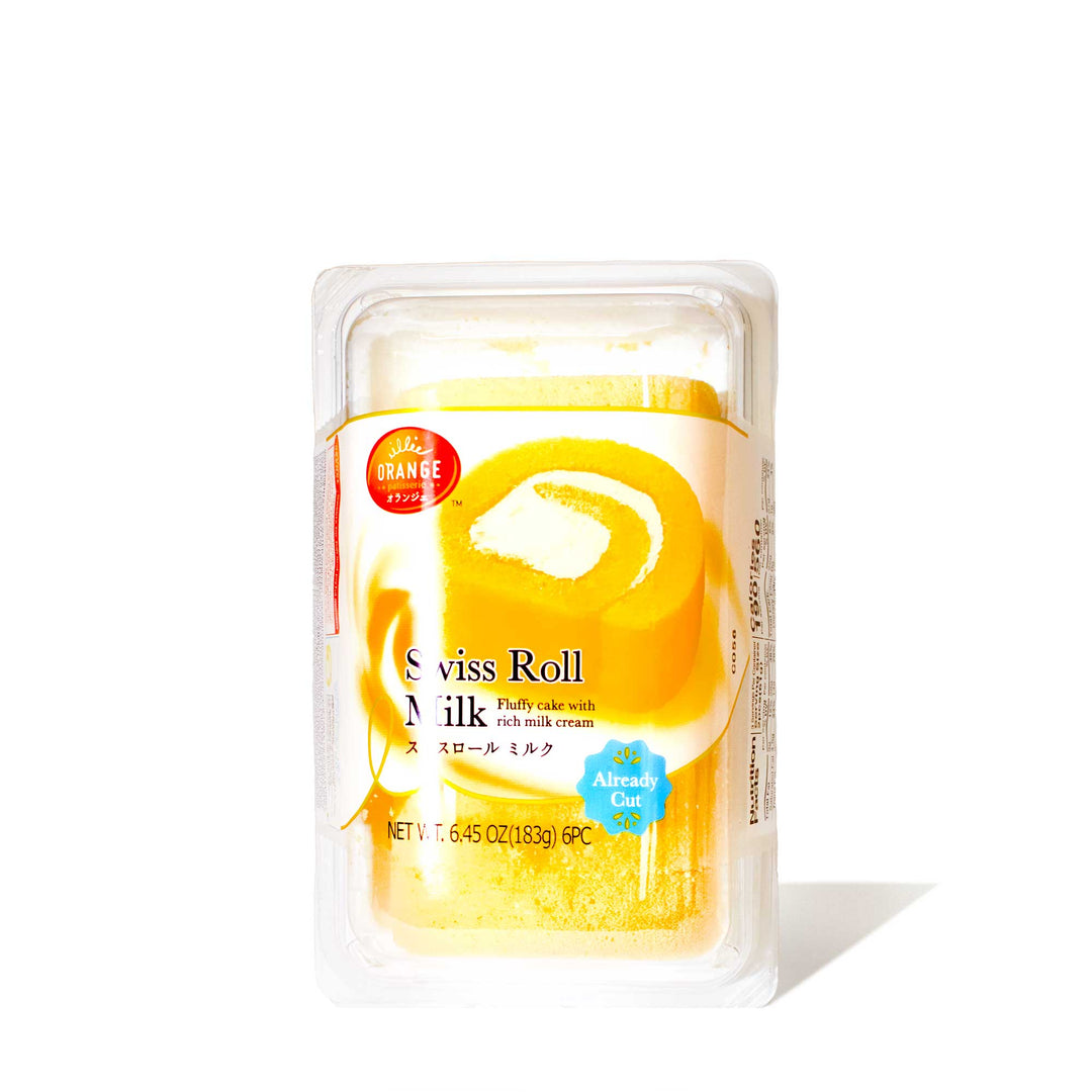 A white package with a yellow Orange Swiss Roll Cake: Milk on it.