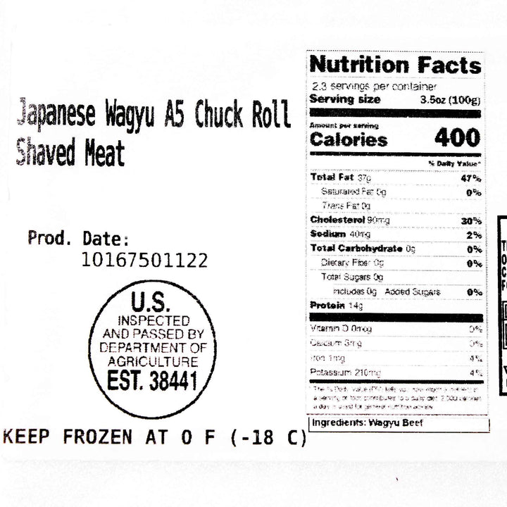A label for A5 Wagyu Beef Shaved Chuck Roll: Shabu Shabu (0.5 lb) by Wagyuman.
