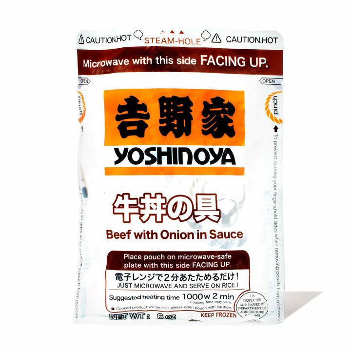 A bag of Yoshinoya Gyudon Cooked Beef with Onion in sauce.