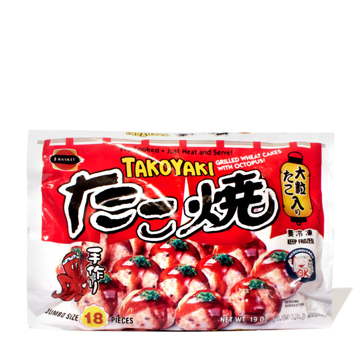 A bag of J-Basket Takoyaki Japanese Octopus Balls (18 pieces) on a white background.