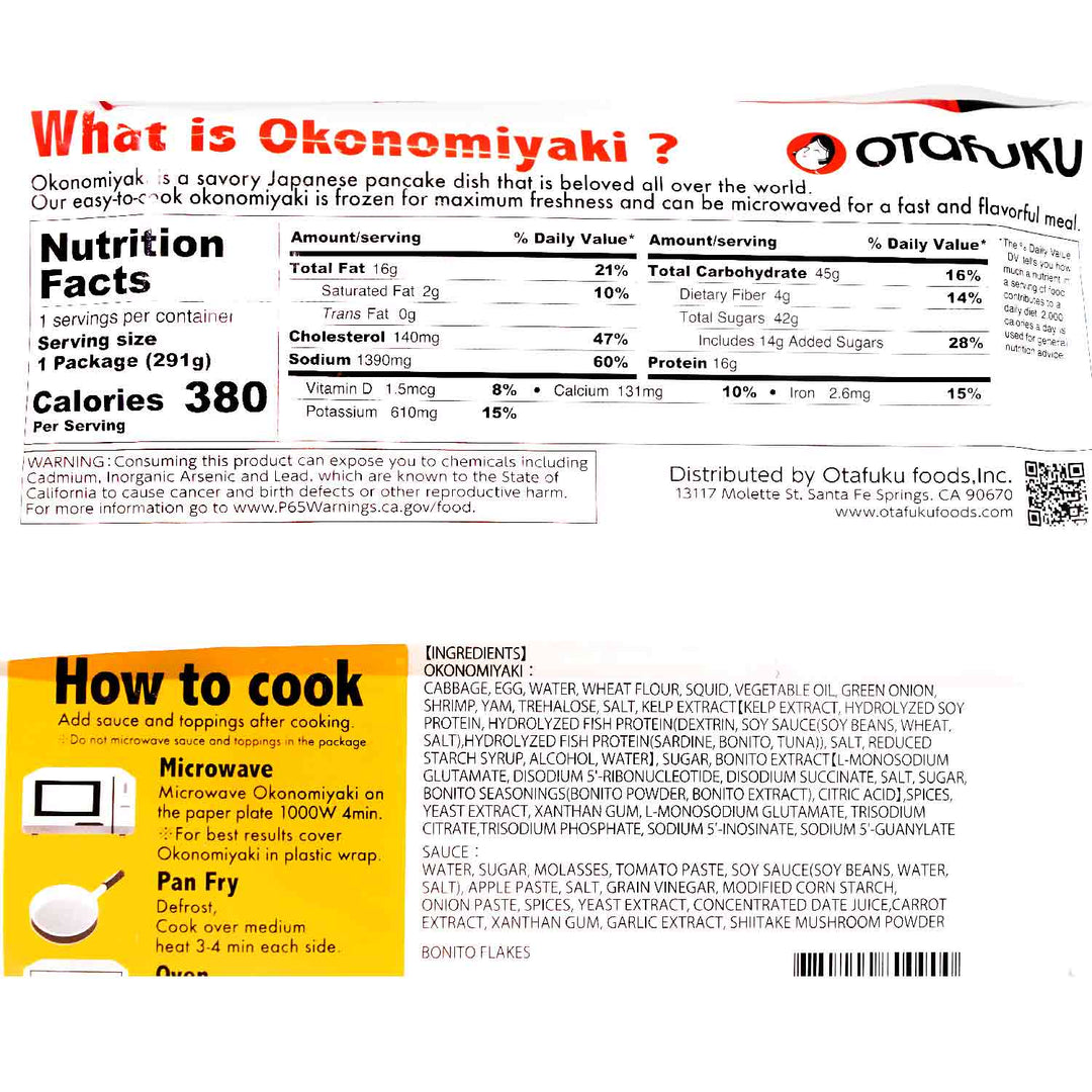 A nutrition label for Otafuku Okonomiyaki Japanese Pancake by Otafuku.