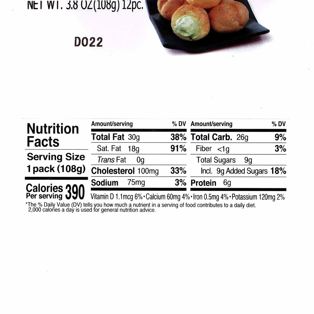 A nutrition label for a Patisserie Petit Cream Puff: Uji Matcha Green Tea (12 pieces) by Orange.