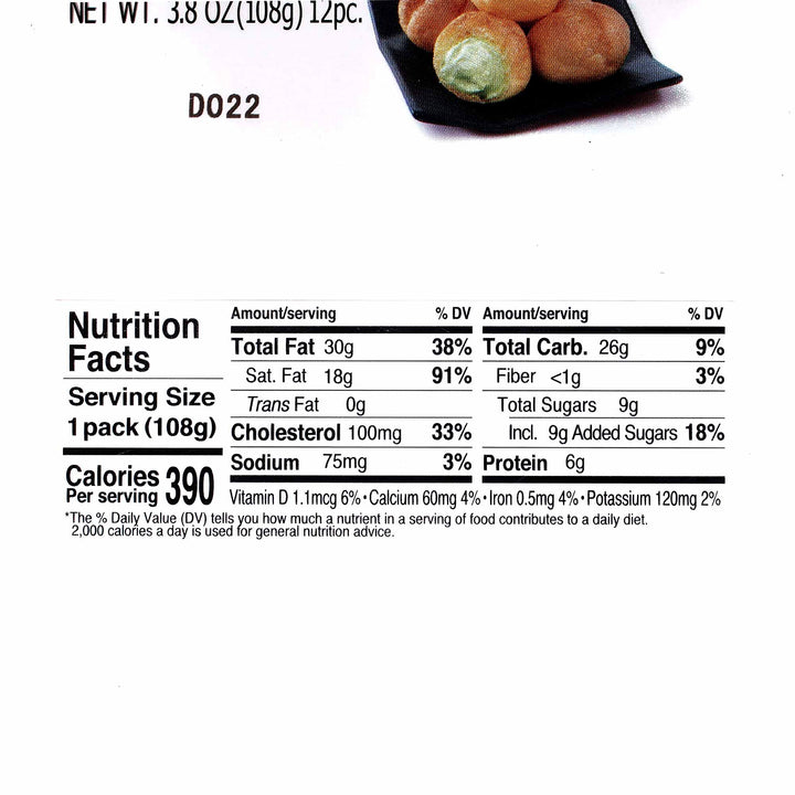 A nutrition label for a Patisserie Petit Cream Puff: Uji Matcha Green Tea (12 pieces) by Orange.