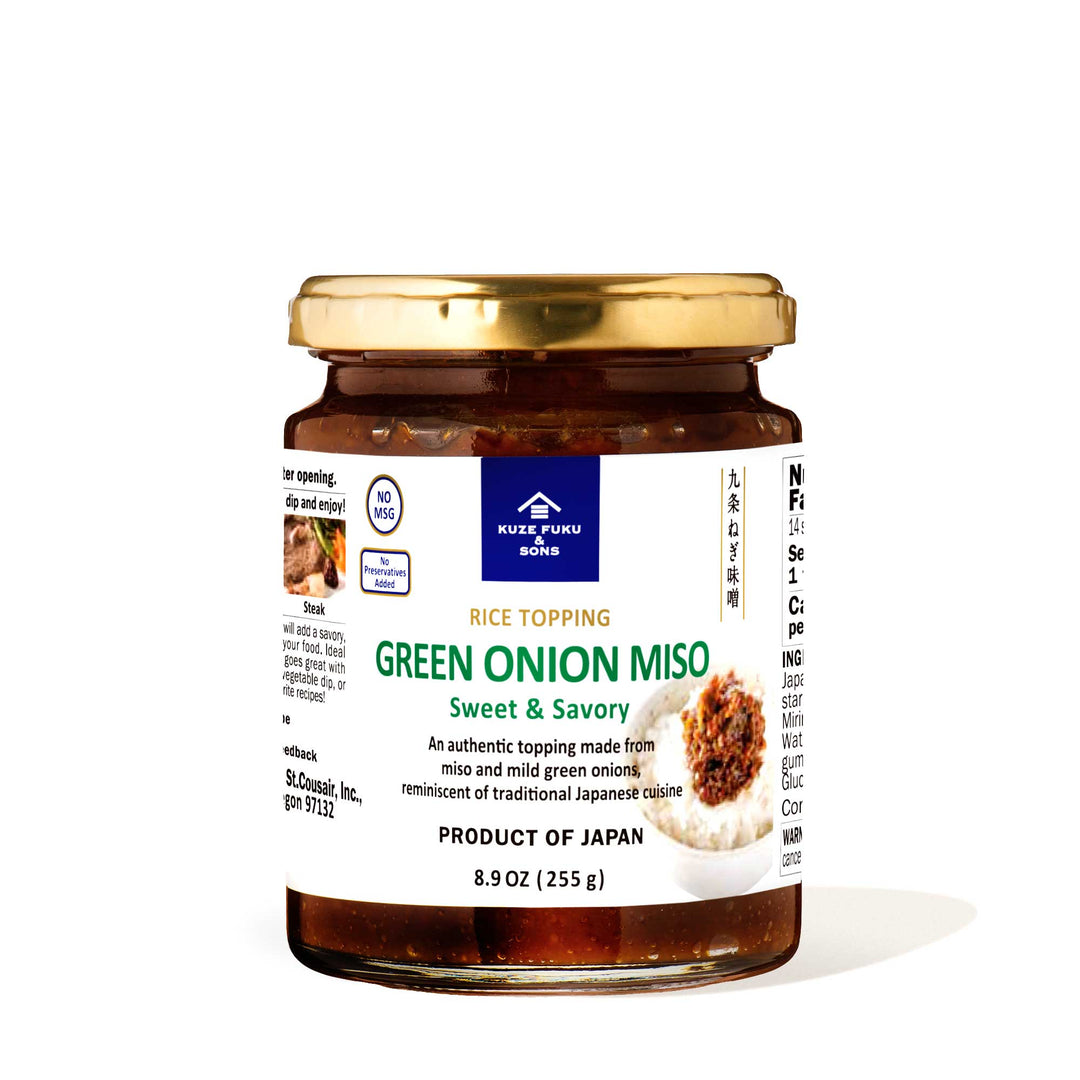 A jar of Kuze Fuku Green Onion Miso Rice Topping on a white background.
