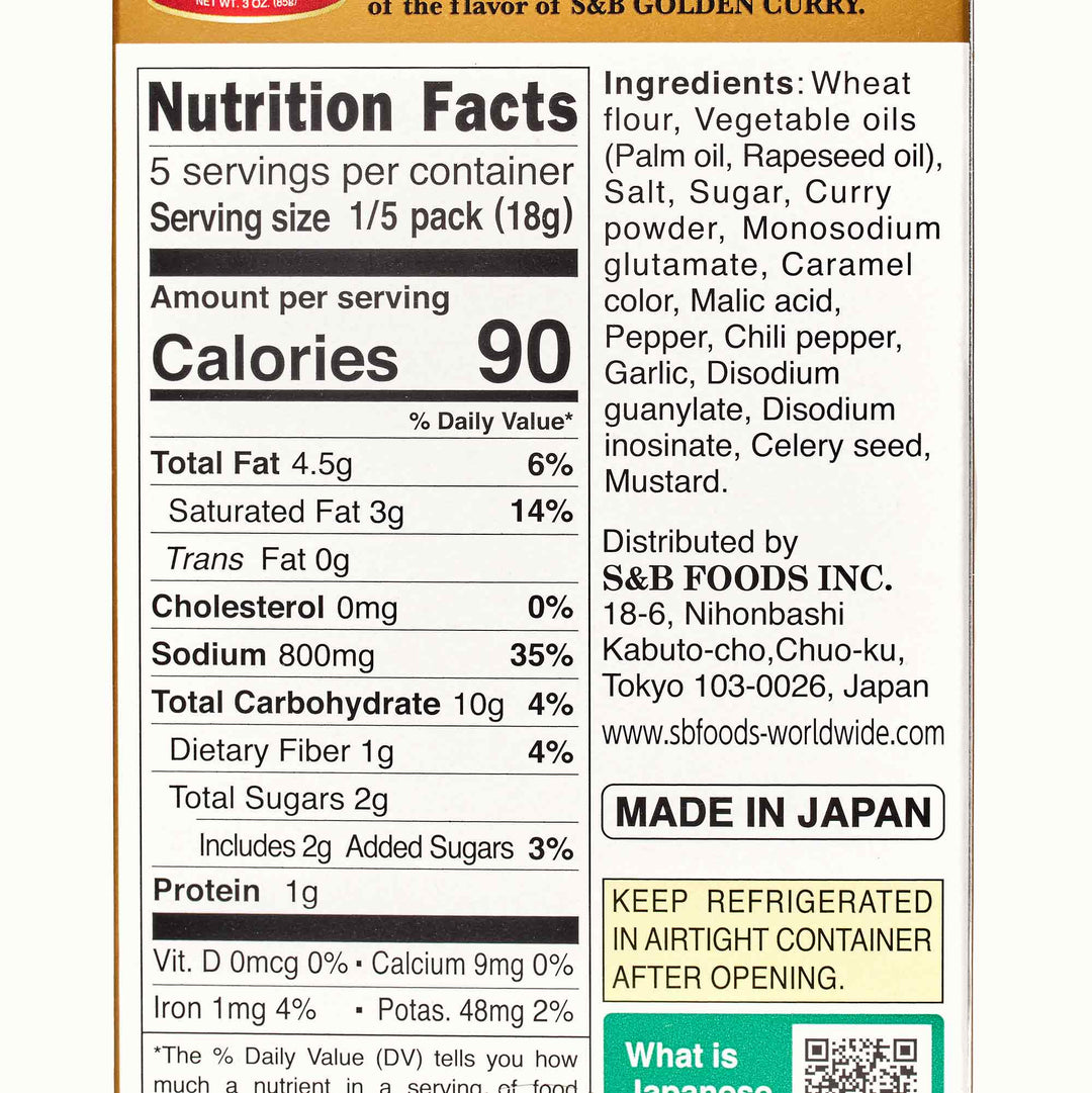 Japanese S&B Golden Curry Sauce Mix: Medium Hot nutrition facts label on a white background.