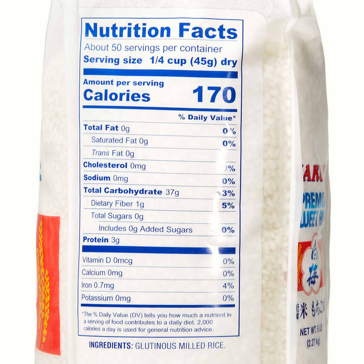 A bag of Hakubai Premium Mochigome Sweet Rice: 5 lb with nutrition facts on it. (Brand Name: Hakubai)