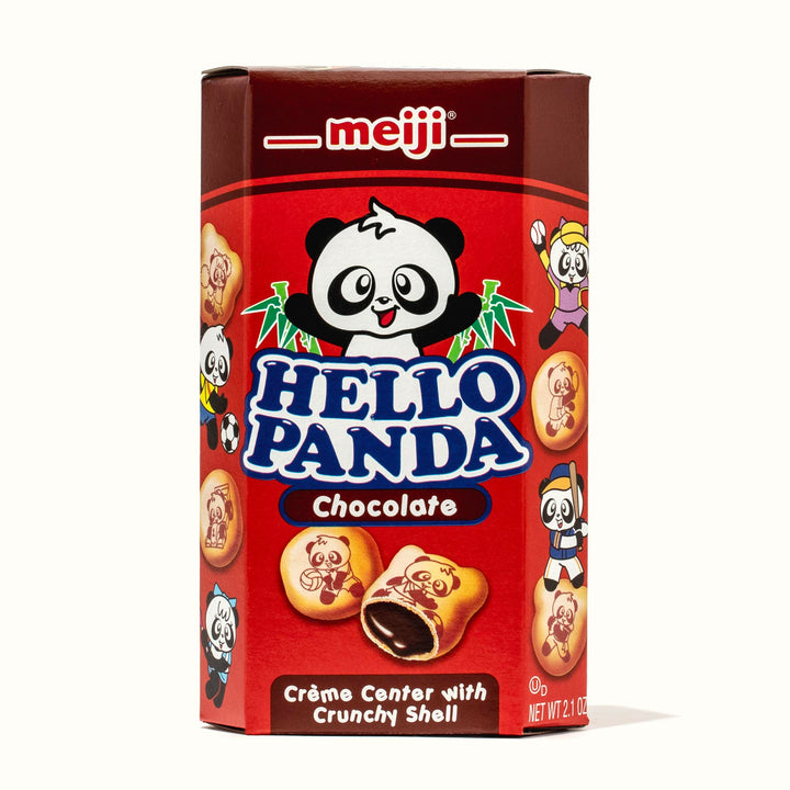 A box of Meiji Hello Panda: Chocolate with a panda on it.