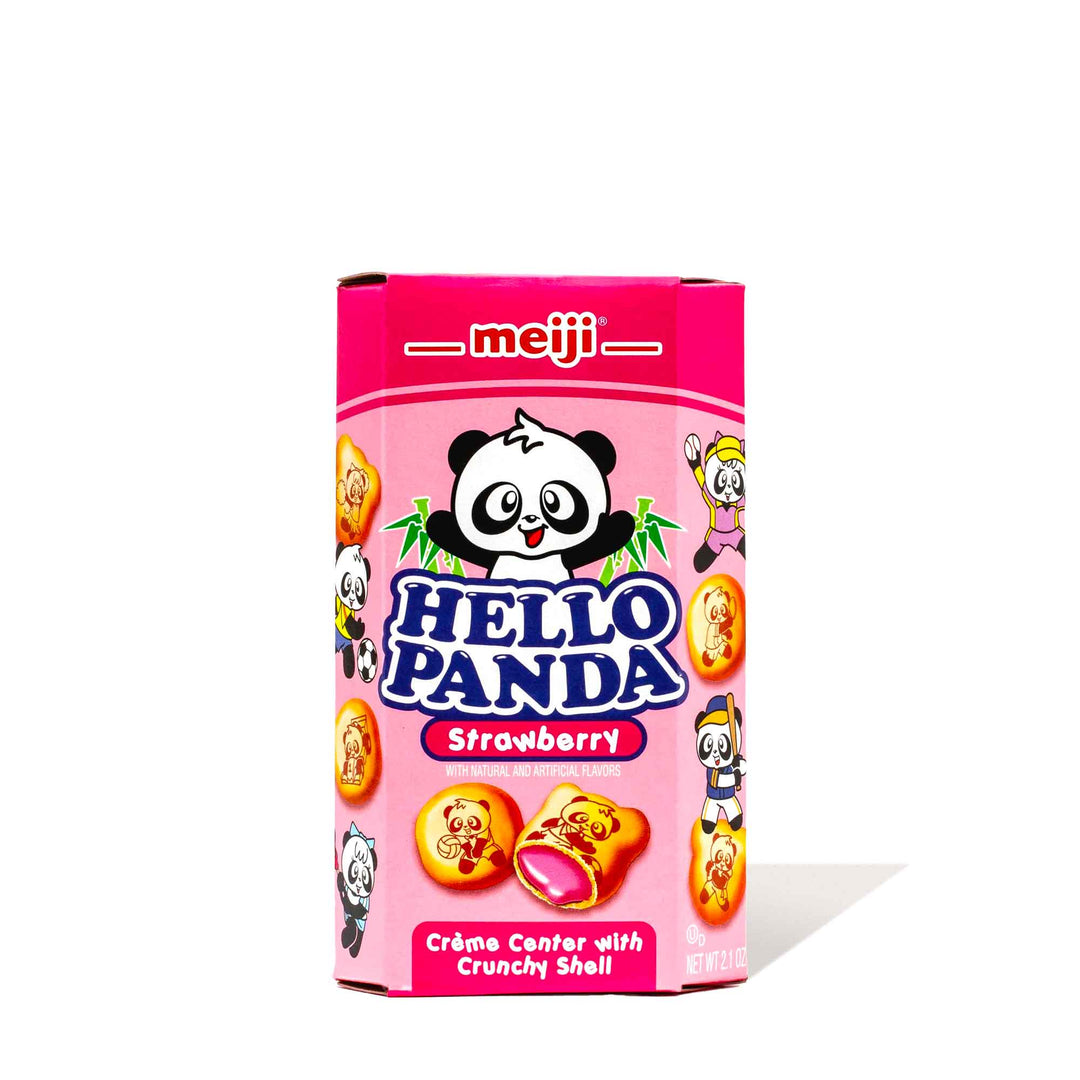 A box of Meiji Hello Panda: Strawberry candy on a white background.