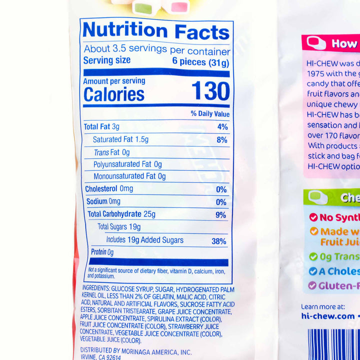 The nutrition facts for a bag of Morinaga Hi-Chew: Assorted Mix.