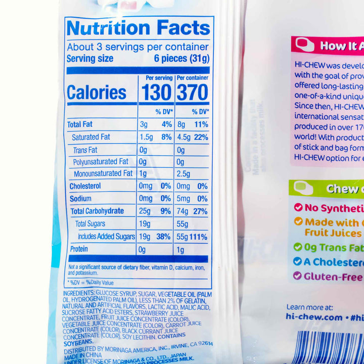 A close up of the nutrition facts on a Morinaga Hi-Chew: Yogurt Mix bag.