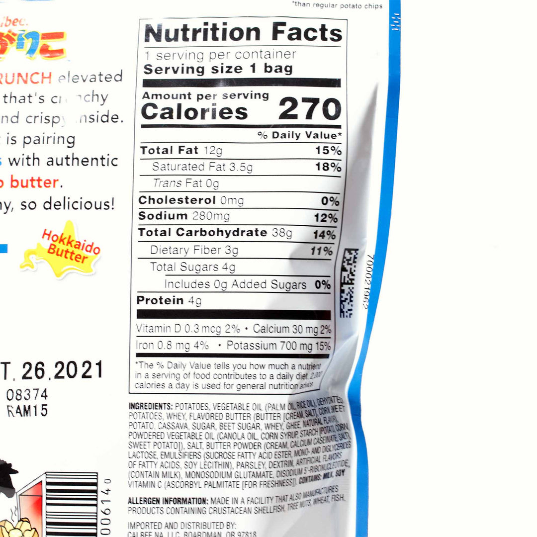 The back of a bag of Calbee Jagarico: Hokkaido Butter with nutrition facts.