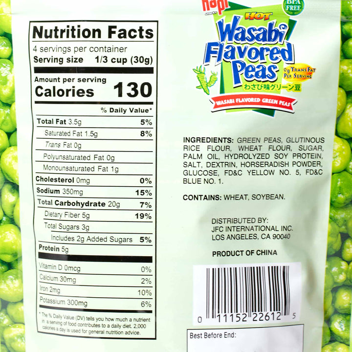 A bag of Hapi Hot Wasabi Peas with a label on it.