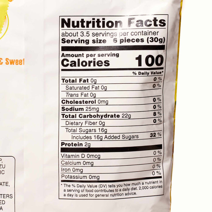 A bag of Kasugai Fruitia Yuzu Gummy with nutrition facts on it.