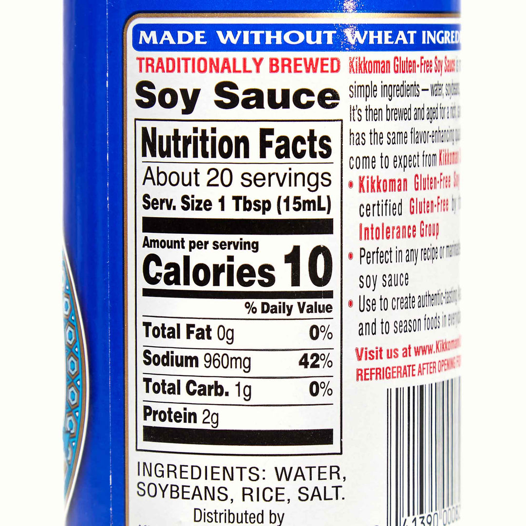 The label on a bottle of Kikkoman Gluten-Free Soy Sauce.