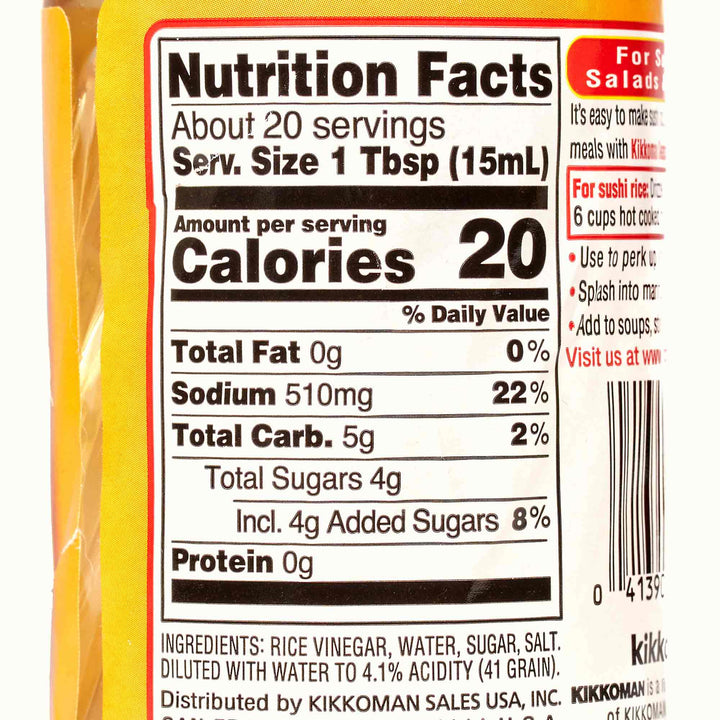 A label showing the nutrition facts of Marukan Sushi Rice Vinegar: Seasoned Gourmet by Marukan.