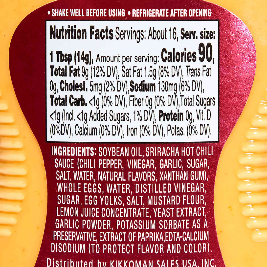 The back of a label showing the nutrition facts of Kikkoman Sriracha Mayo by Kikkoman.