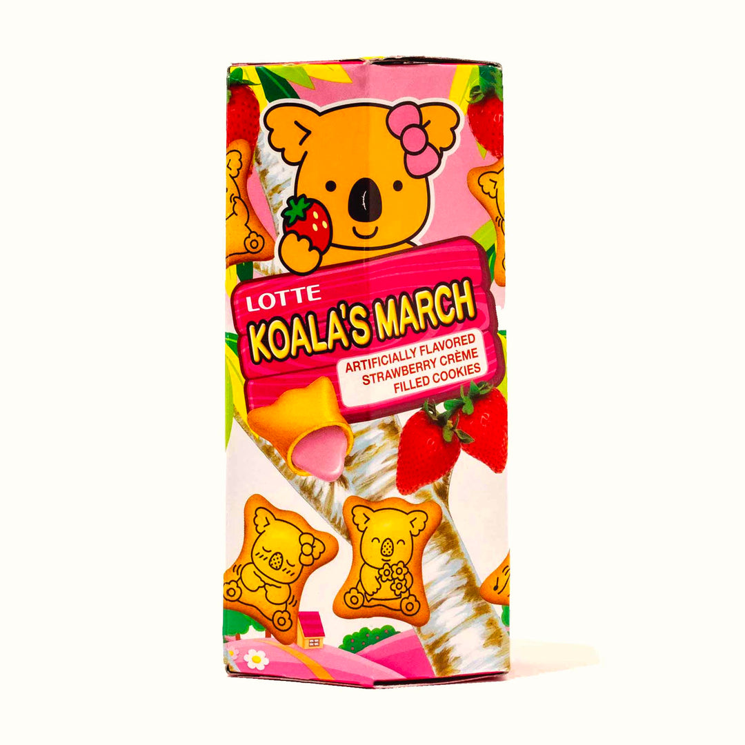 A box of Lotte Koala's March: Strawberry, featuring koala-shaped biscuits filled with strawberry creme.