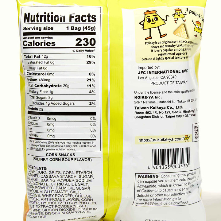 The back of a bag of Koikeya Polinky Puffs: Corn Soup with nutrition facts.