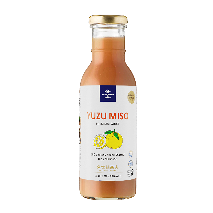 A bottle of Kuze Fuku Yuzu Miso Premium Sauce on a white background.