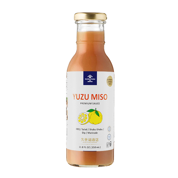 A bottle of Kuze Fuku Yuzu Miso Premium Sauce on a white background.