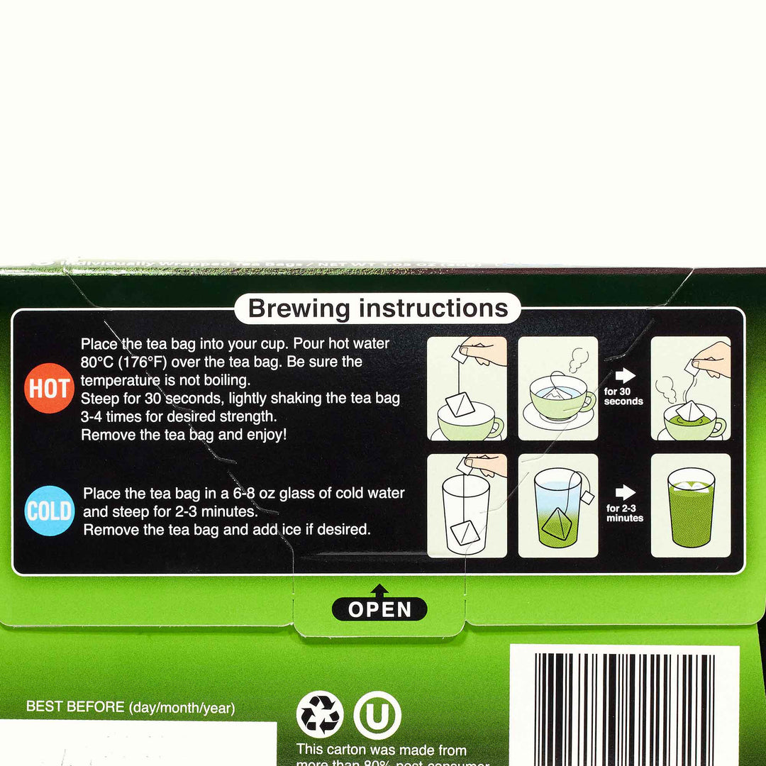 A package of Itoen Matcha Green Tea: Traditional (20 bags) with instructions on how to brew green tea.