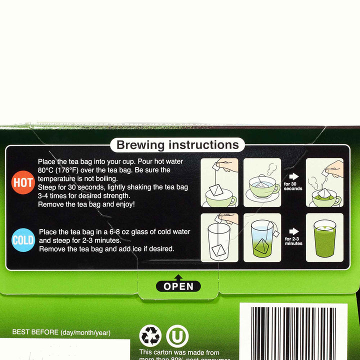 A package of Itoen Matcha Green Tea: Traditional (20 bags) with instructions on how to brew green tea.