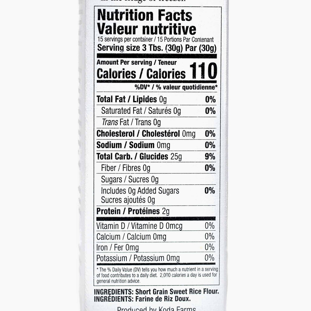 A Koda Mochiko Sweet Rice Flour nutrition facts label on a white background.