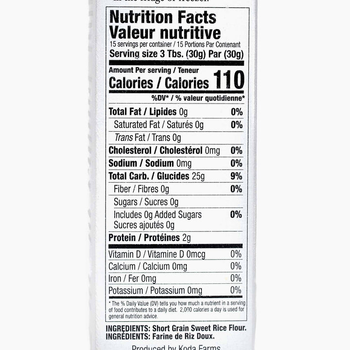 A Koda Mochiko Sweet Rice Flour nutrition facts label on a white background.