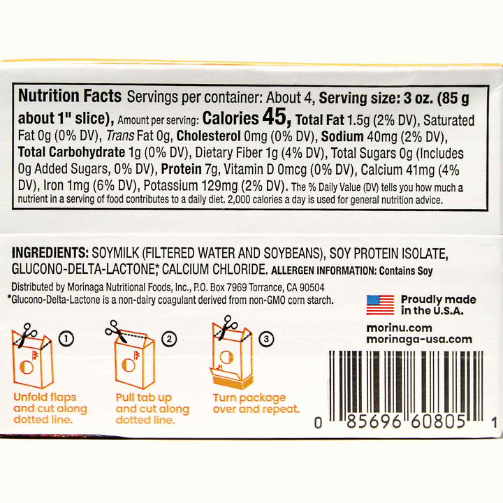 The back of a Mori-Nu Silken Tofu: Extra Firm nutrition label.