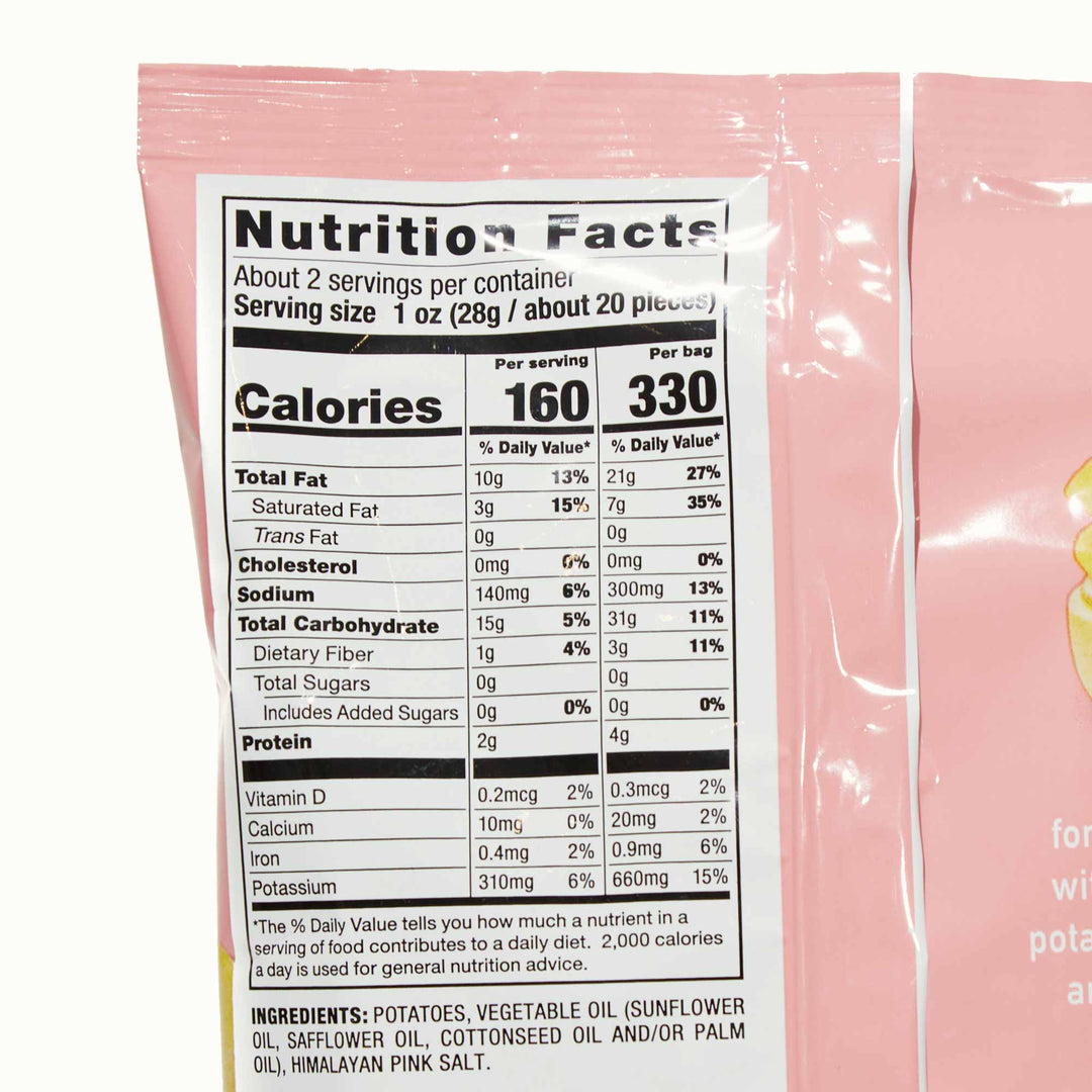 A bag of Calbee My Pote Potato Chips: Himalayan Salt with a nutrition facts label on it.
