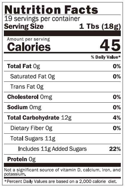 A nutrition label showing the nutrition facts of Kuze Fuku Marionberry Jam by Kuze Fuku.