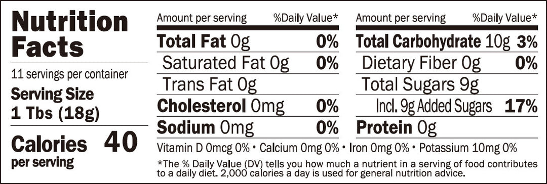 A nutrition label showing the nutrition facts of Kuze Fuku Yuzu Fruit Spread by Kuze Fuku.