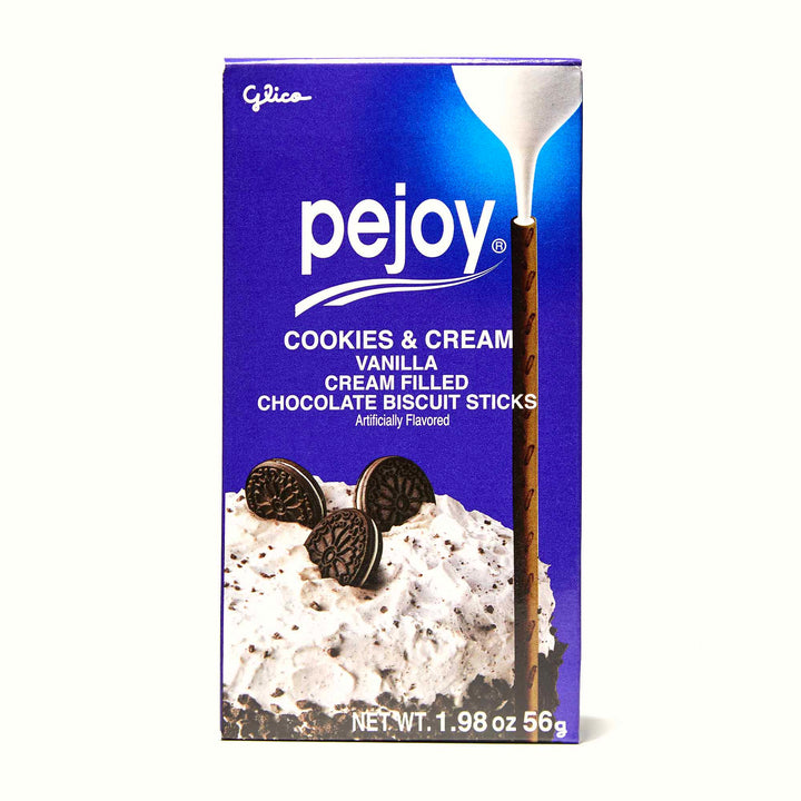 A box of Glico Pejoy: Cookies & Cream sticks on a white background.