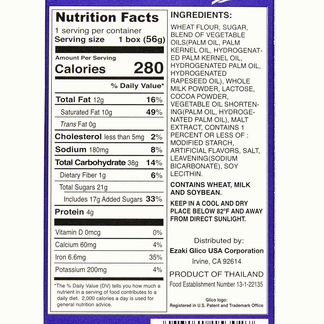 The nutrition facts label for Glico Pejoy: Cookies & Cream.