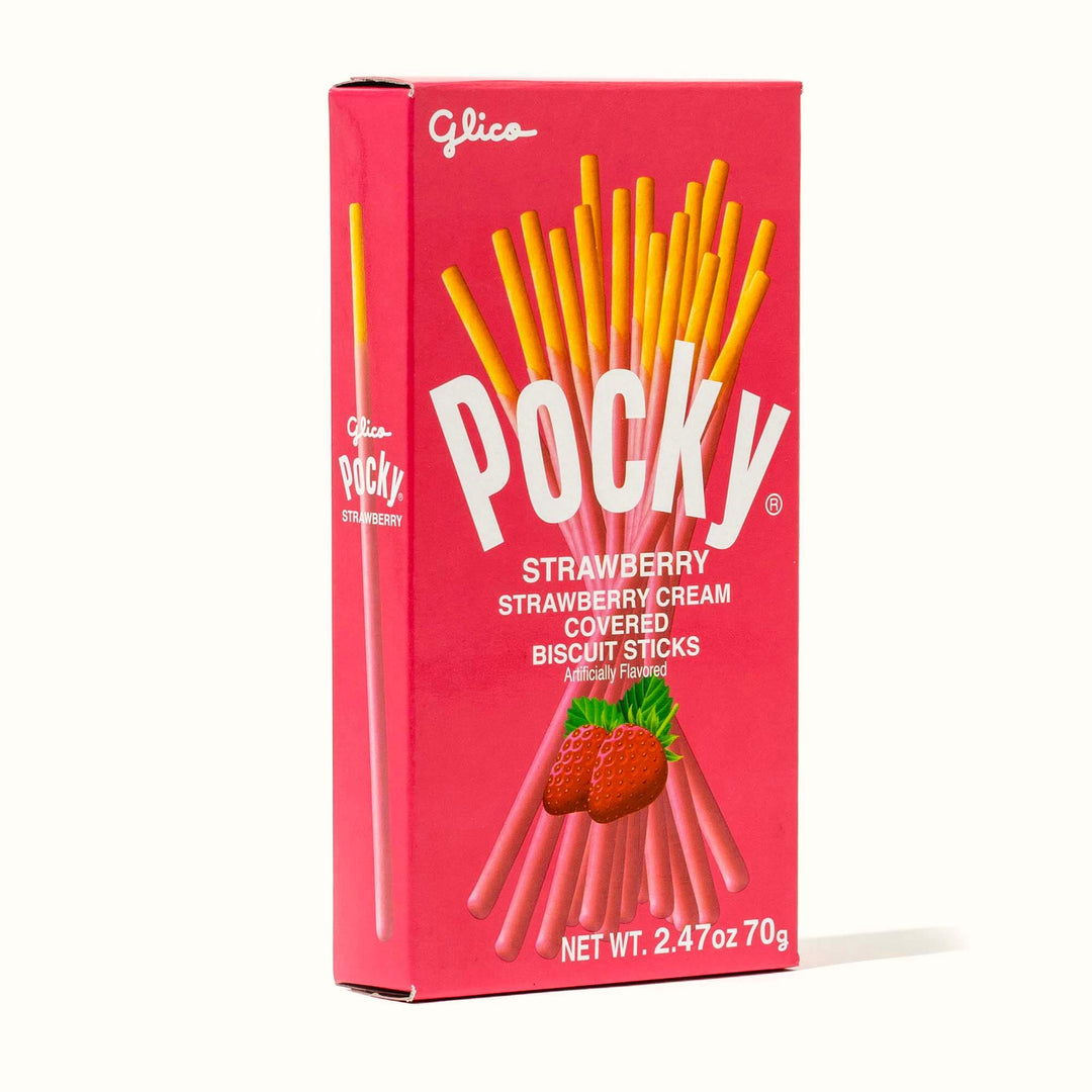 A box of Glico Pocky: Strawberry sticks on a white background.