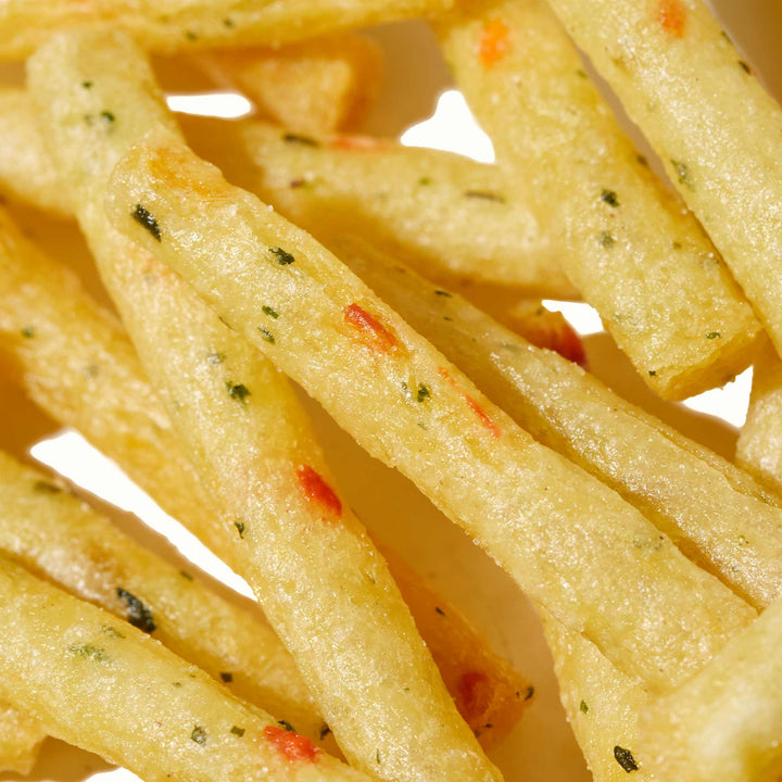 A pile of Calbee Jagarico: Original french fries on a white plate.