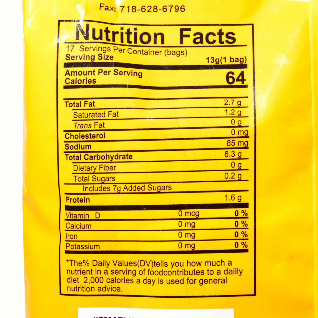 The nutrition facts for a bag of Toko Ramen Snack: Original chips.