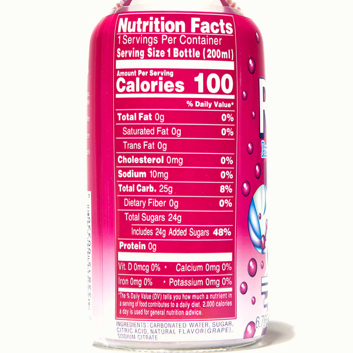 A bottle of Sangaria Ramune Soda: Grape with nutrition facts on it.