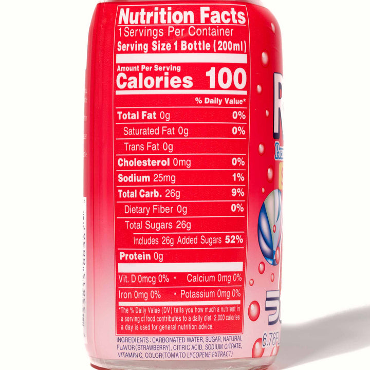 The nutrition facts of a can of Sangaria Ramune Soda: Strawberry.