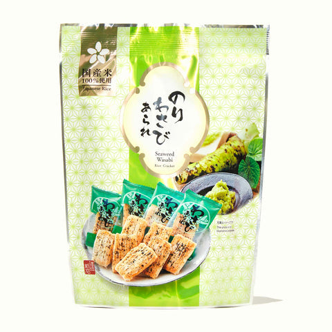 A bag of Morihaku Nori Seaweed Wasabi Arare Crackers on a white background.