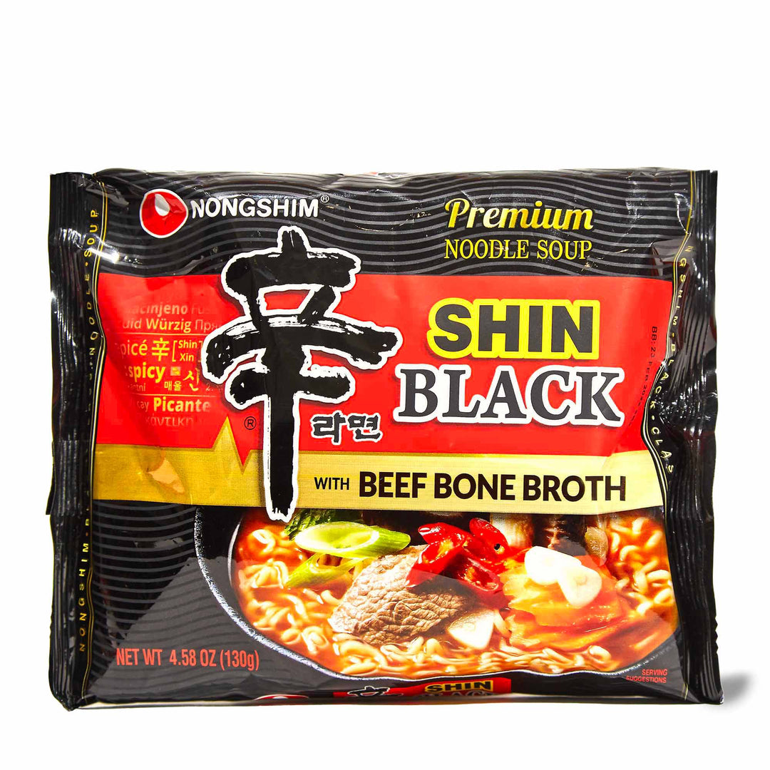 Nongshim Shin Ramyun Black Spicy Ramen with beef bone broth.