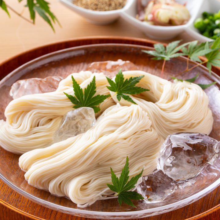 A plate of Hakubaku Organic Somen Noodles with ice on it, perfect for summer days.